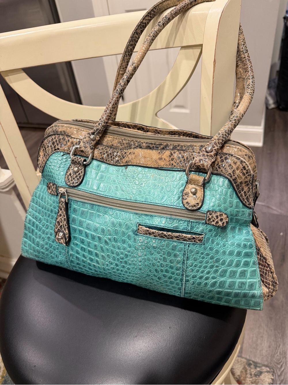 FOR MOOKA63Turquoise Crocodile-Embossed Satchel with Snakeskin Trim